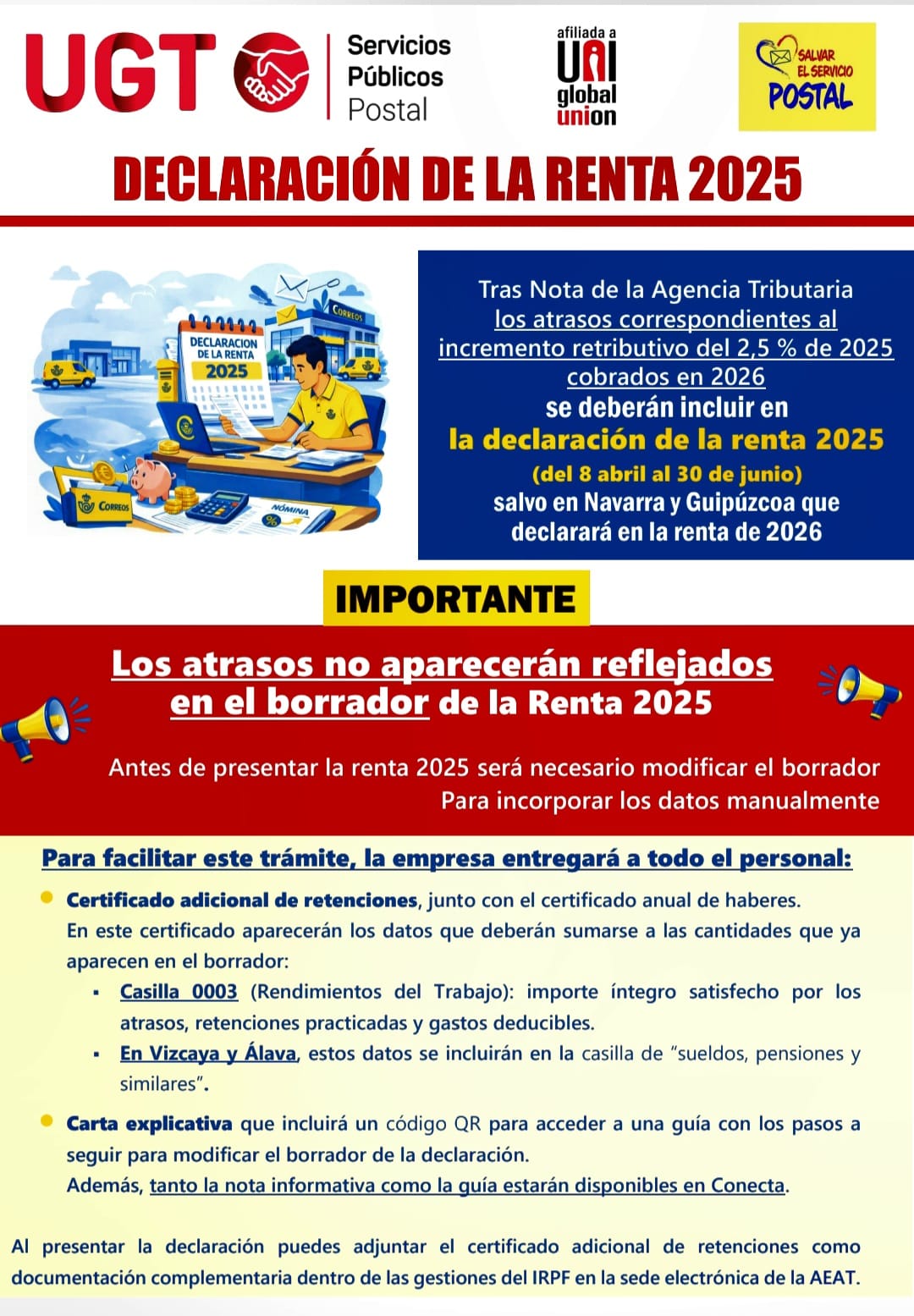 Los atrasos no aparecerán reflejados en el borrador de la renta 2025 - UGT