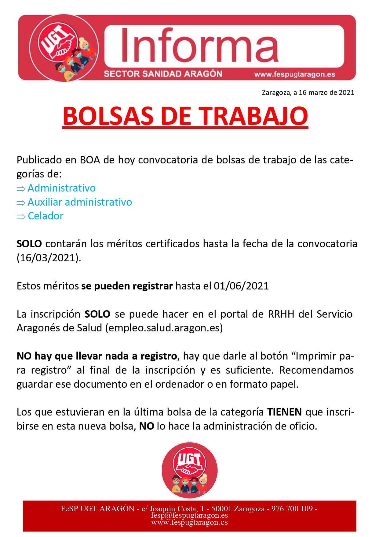 Informa Bolsas trabajo Admvo Aux admvo Celador