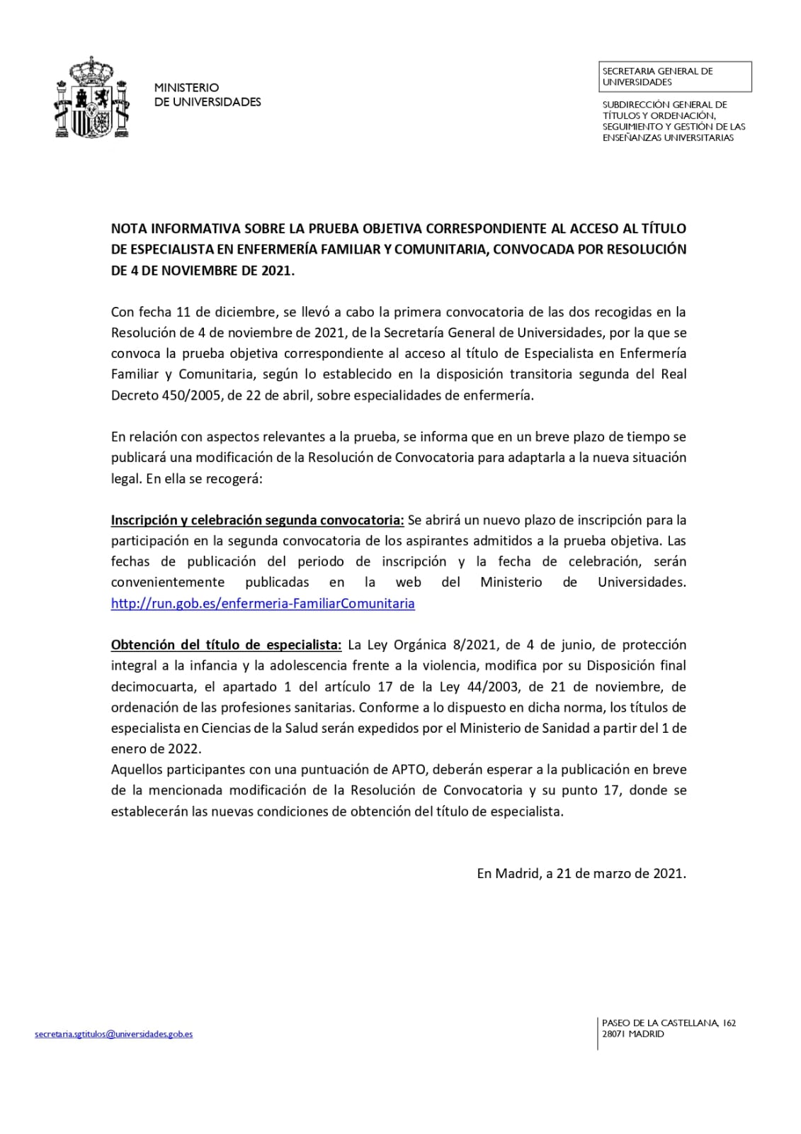 Nota Informativa Ministerio Universidades